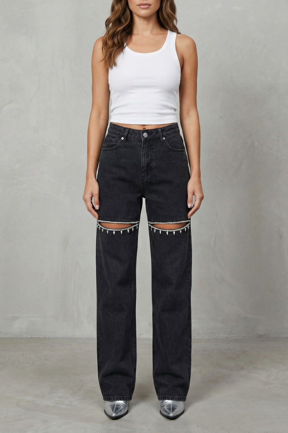 Women's Wide Leg Jeans in Washed Black - Rosemine