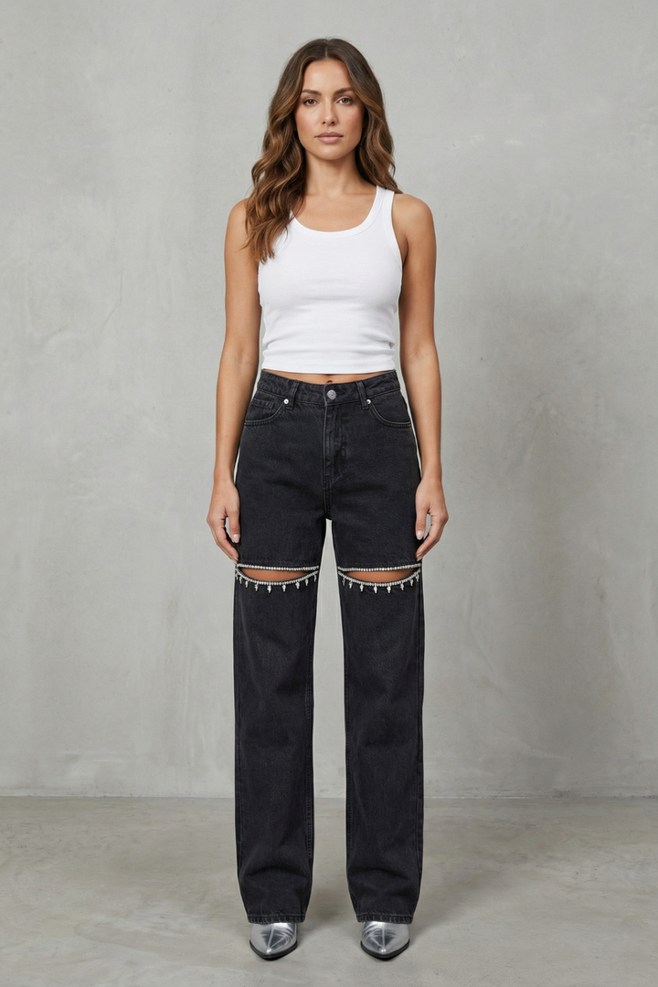 Women's Wide Leg Jeans in Washed Black - Rosemine