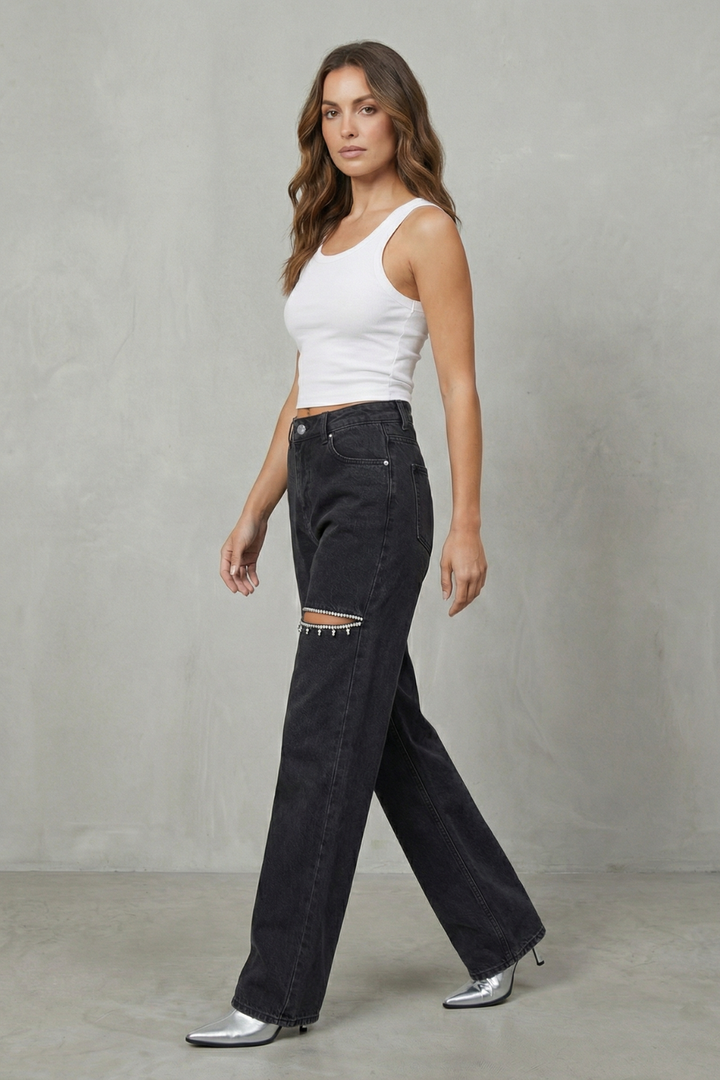 Women's Wide Leg Jeans in Washed Black - Rosemine
