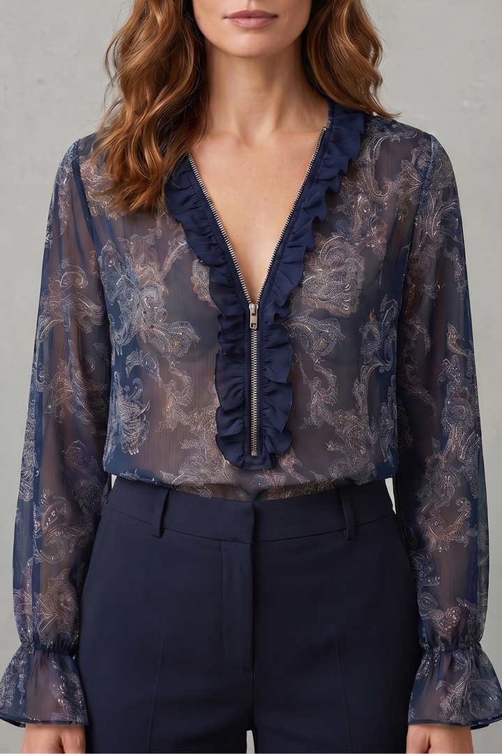Women's Chiffon Paisley Blouse with Ruffle V-Neck - Uriella