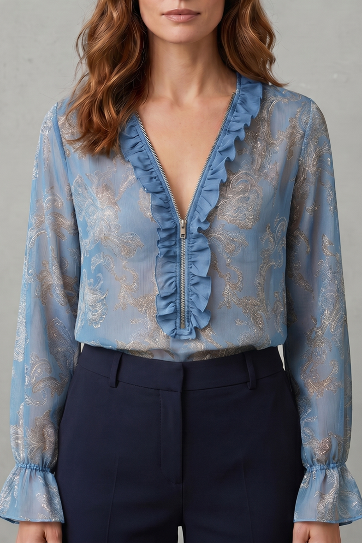 Women's Chiffon Paisley Blouse with Ruffle V-Neck - Uriella