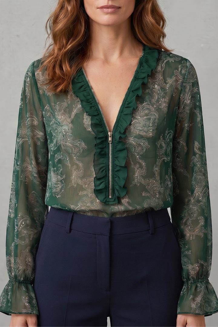 Women's Chiffon Paisley Blouse with Ruffle V-Neck - Uriella