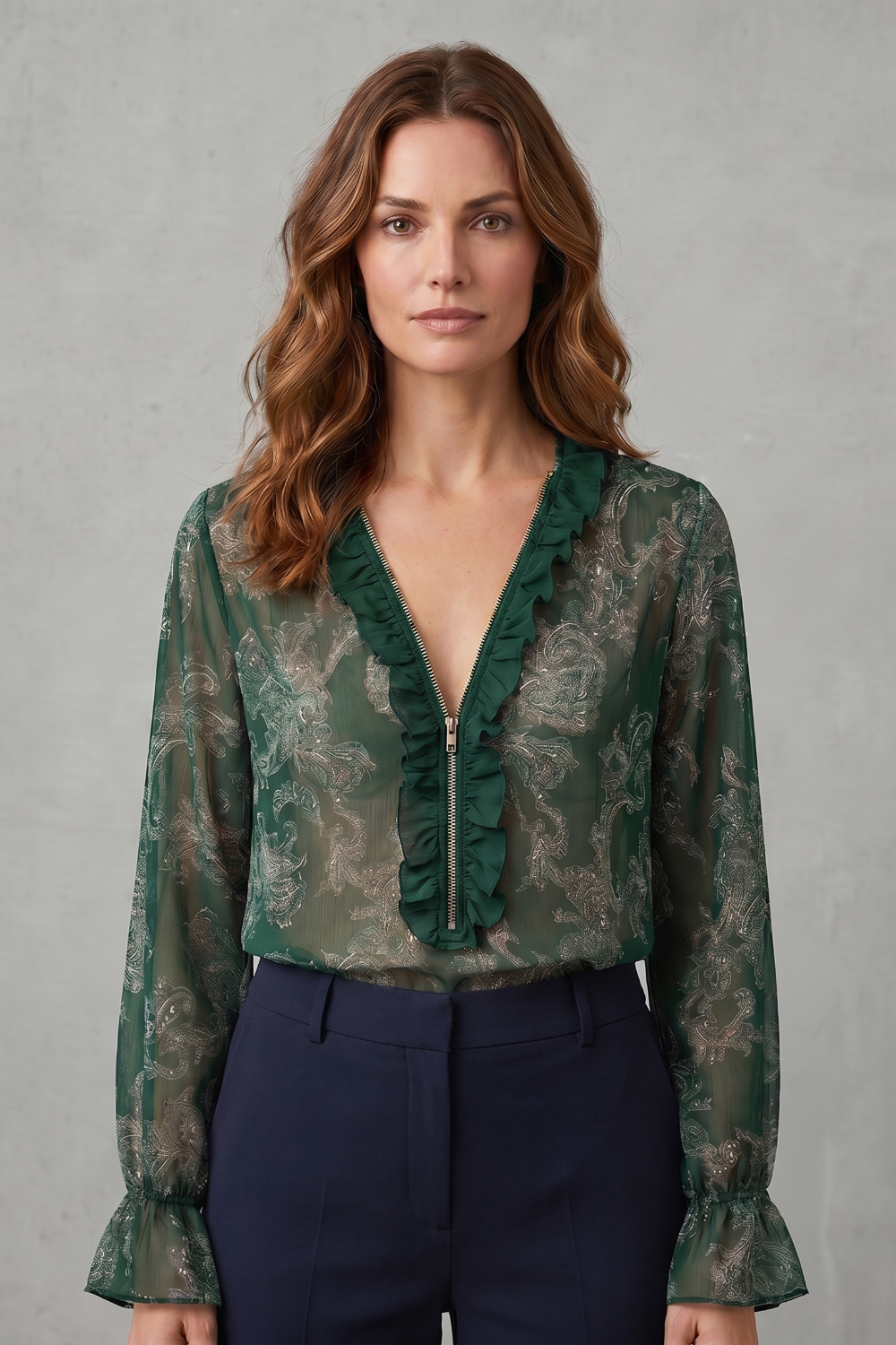 Women's Chiffon Paisley Blouse with Ruffle V-Neck - Uriella
