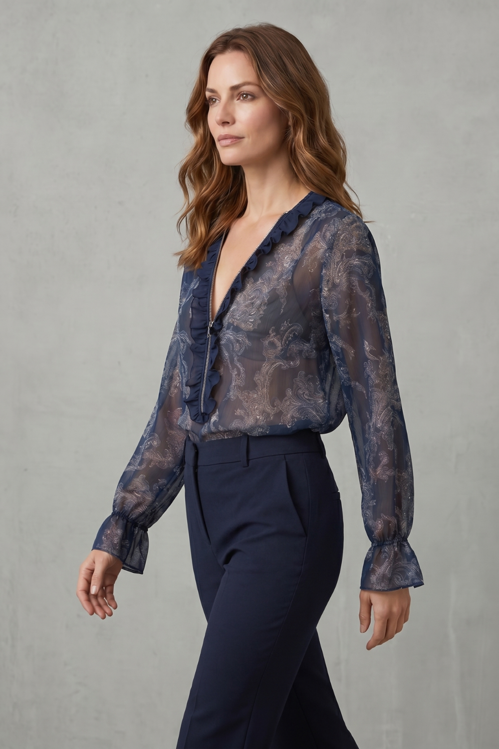 Women's Chiffon Paisley Blouse with Ruffle V-Neck - Uriella