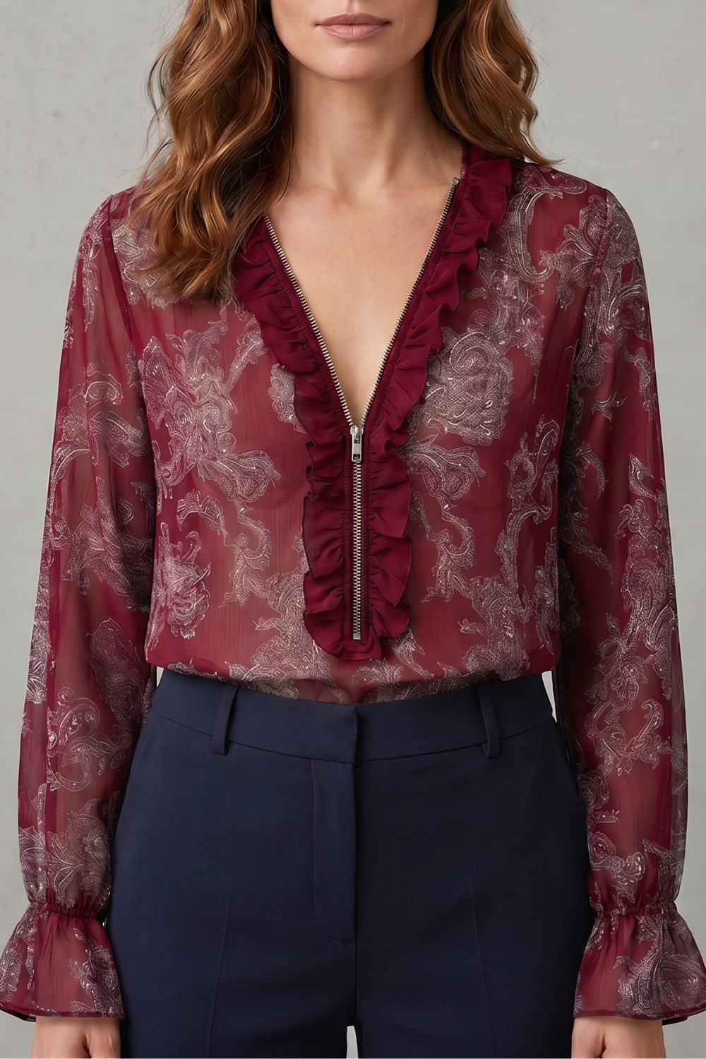 Women's Chiffon Paisley Blouse with Ruffle V-Neck - Uriella