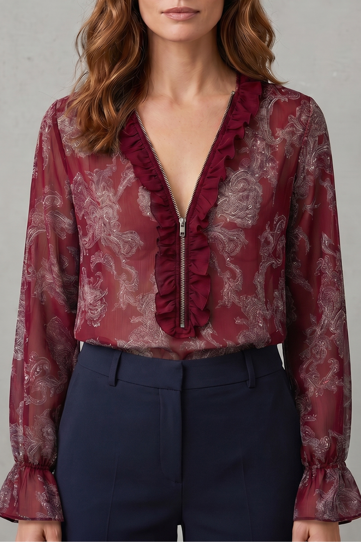Women's Chiffon Paisley Blouse with Ruffle V-Neck - Uriella