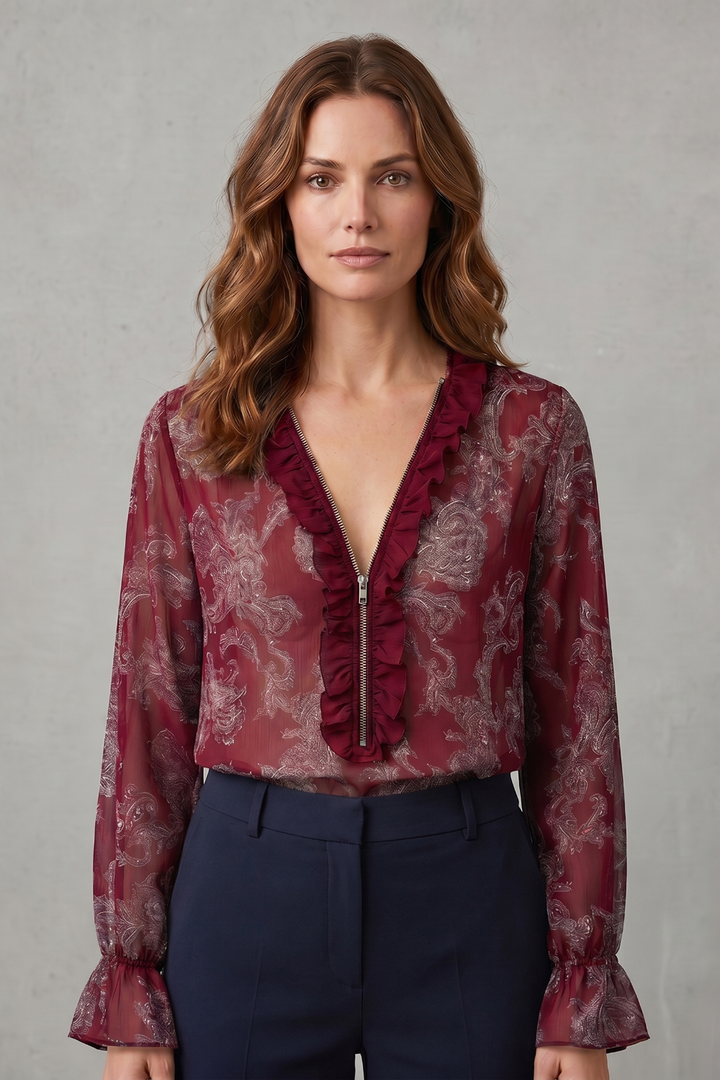 Women's Chiffon Paisley Blouse with Ruffle V-Neck - Uriella