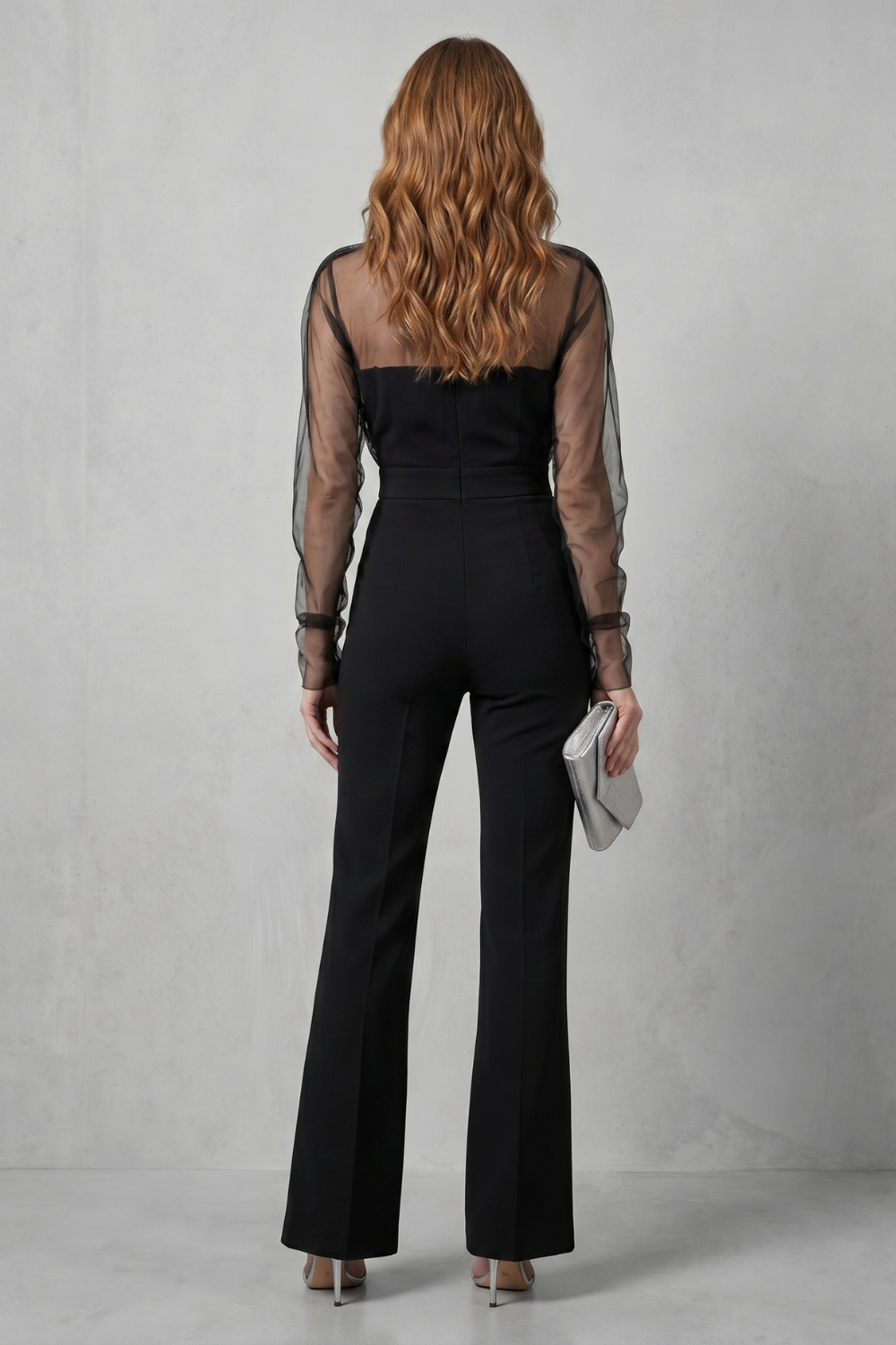 Women's Sheer Sleeve Flared Leg Evening Jumpsuit - Liorelle