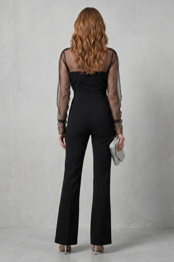 Women's Sheer Sleeve Flared Leg Evening Jumpsuit - Liorelle