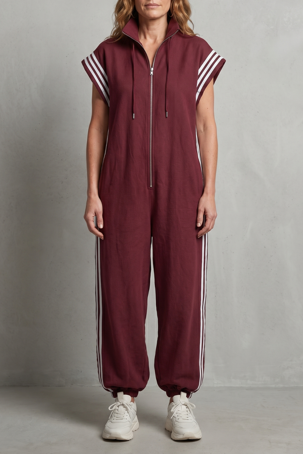 Women's Sleeveless Zip Front Jumpsuit with Side Stripes - Melvienne