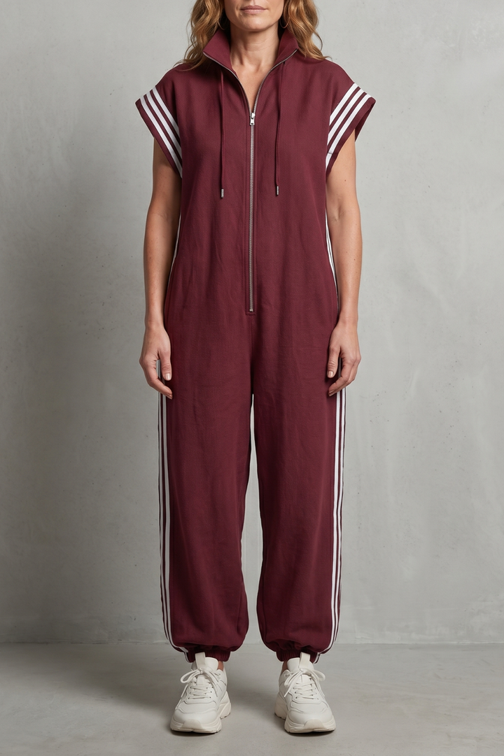 Women's Sleeveless Zip Front Jumpsuit with Side Stripes - Melvienne