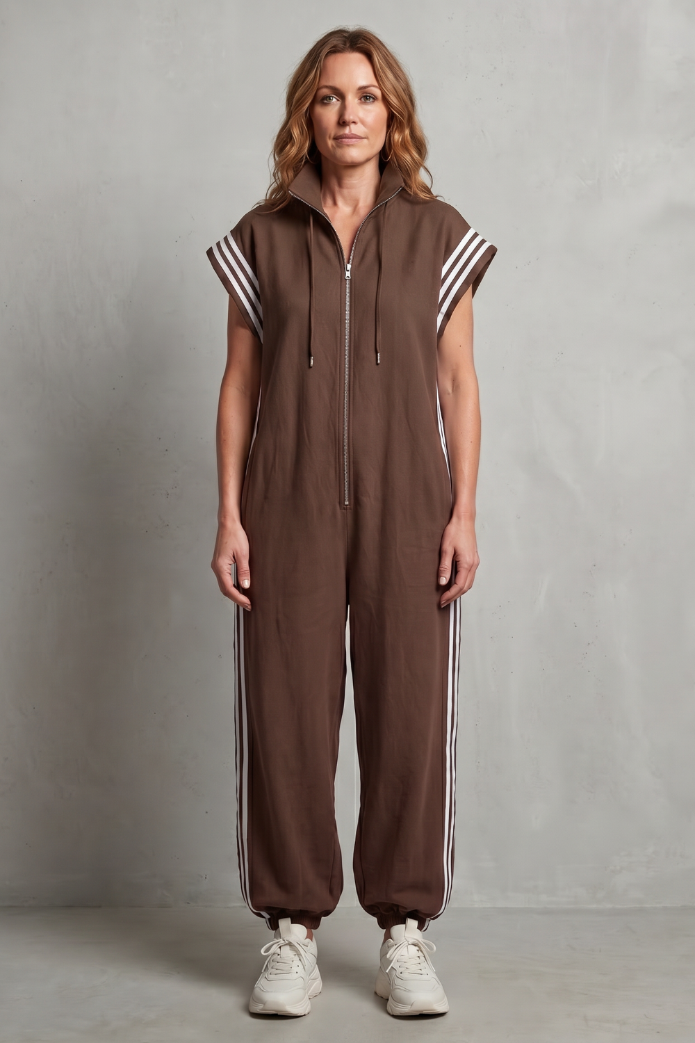 Women's Sleeveless Zip Front Jumpsuit with Side Stripes - Melvienne