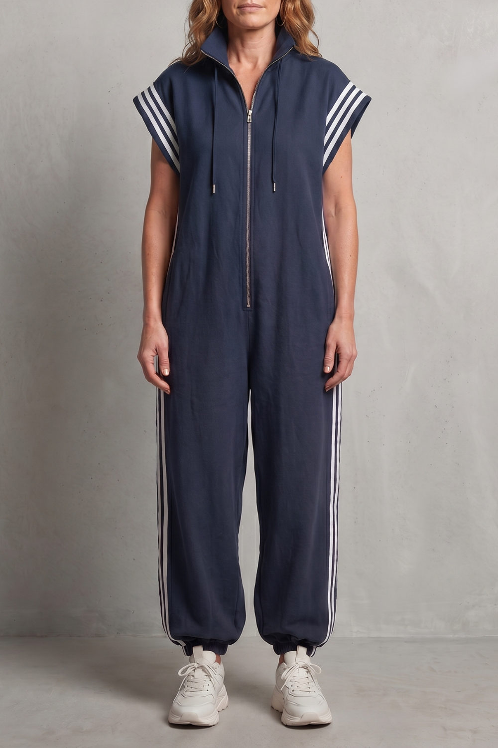 Women's Sleeveless Zip Front Jumpsuit with Side Stripes - Melvienne