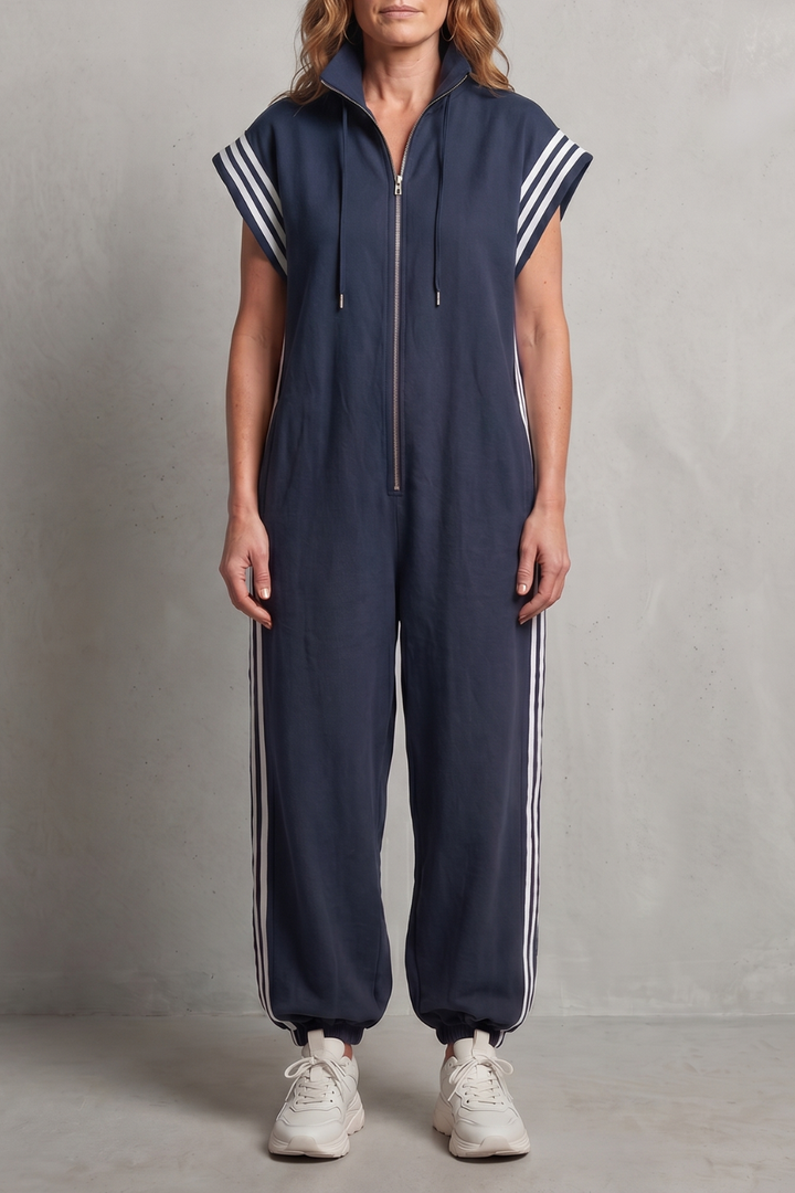 Women's Sleeveless Zip Front Jumpsuit with Side Stripes - Melvienne