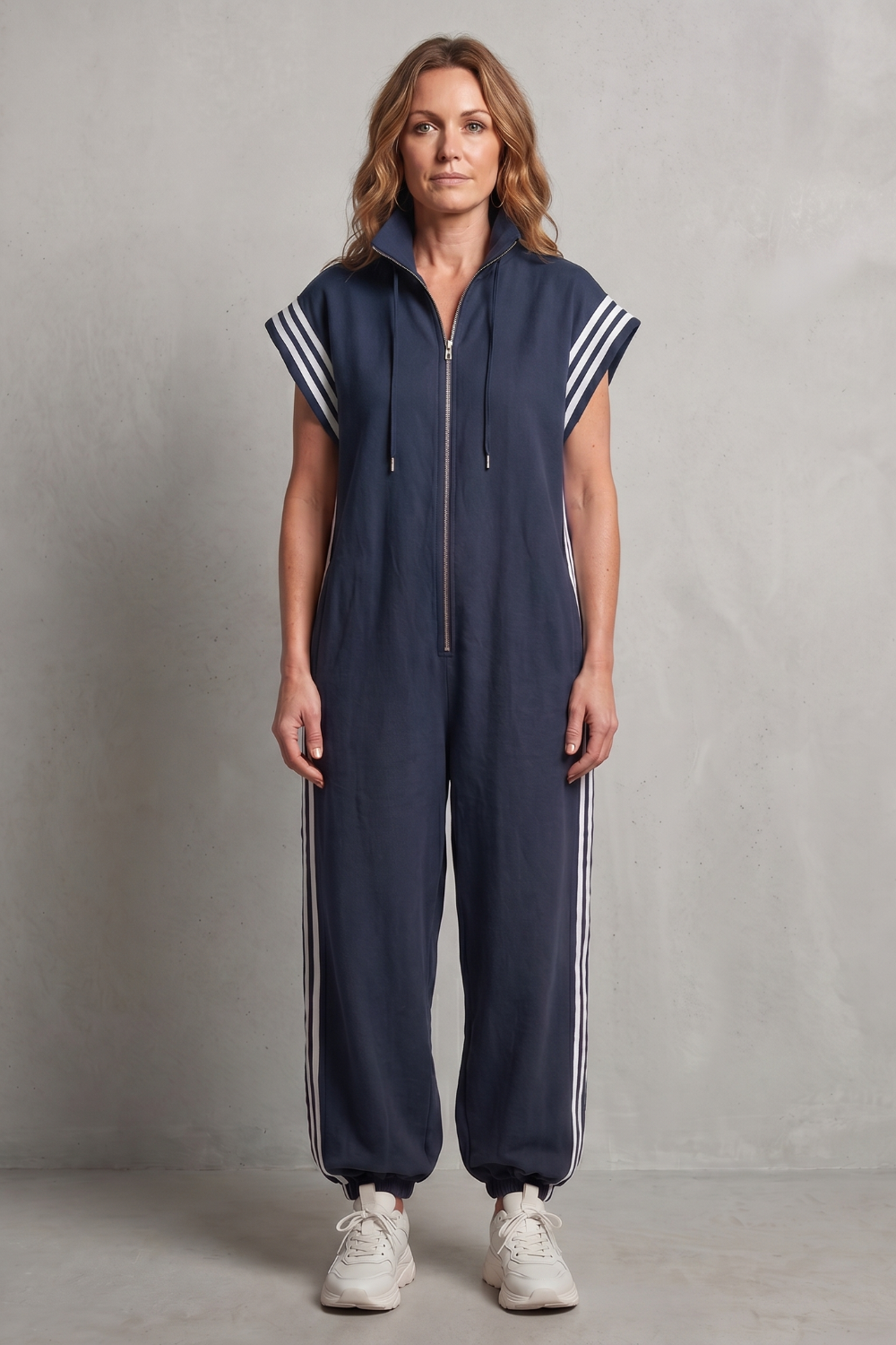 Women's Sleeveless Zip Front Jumpsuit with Side Stripes - Melvienne
