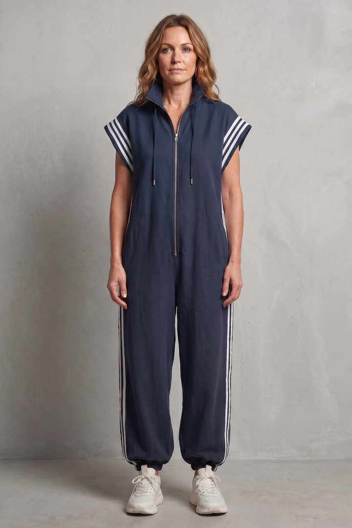 Women's Sleeveless Zip Front Jumpsuit with Side Stripes - Melvienne