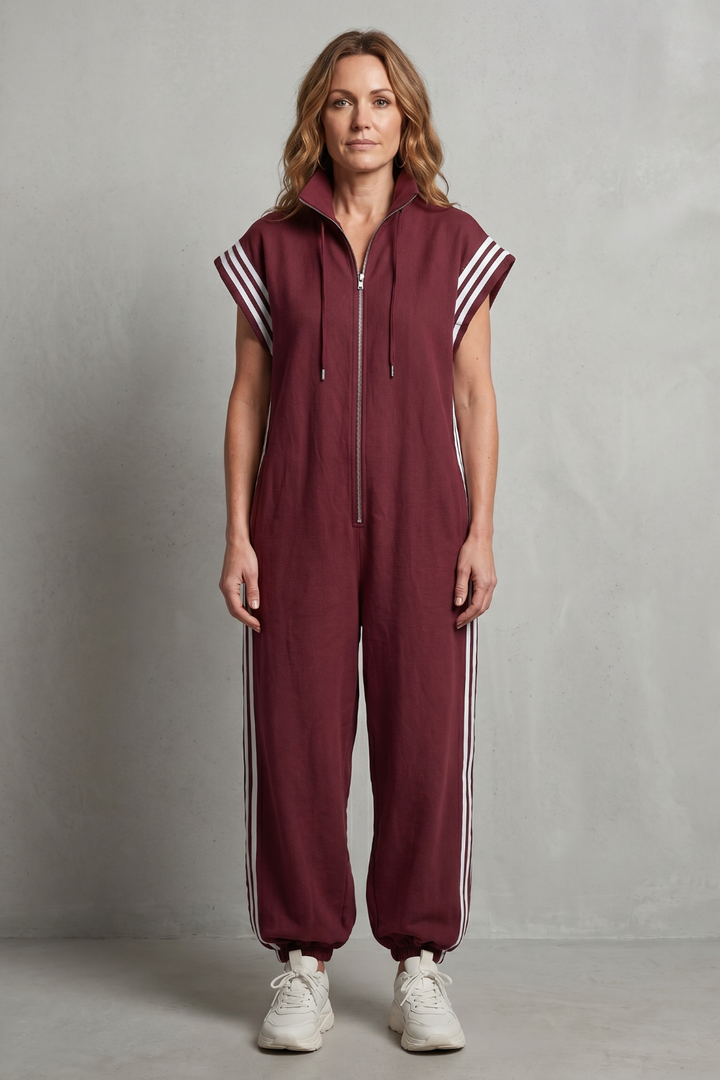 Women's Sleeveless Zip Front Jumpsuit with Side Stripes - Melvienne