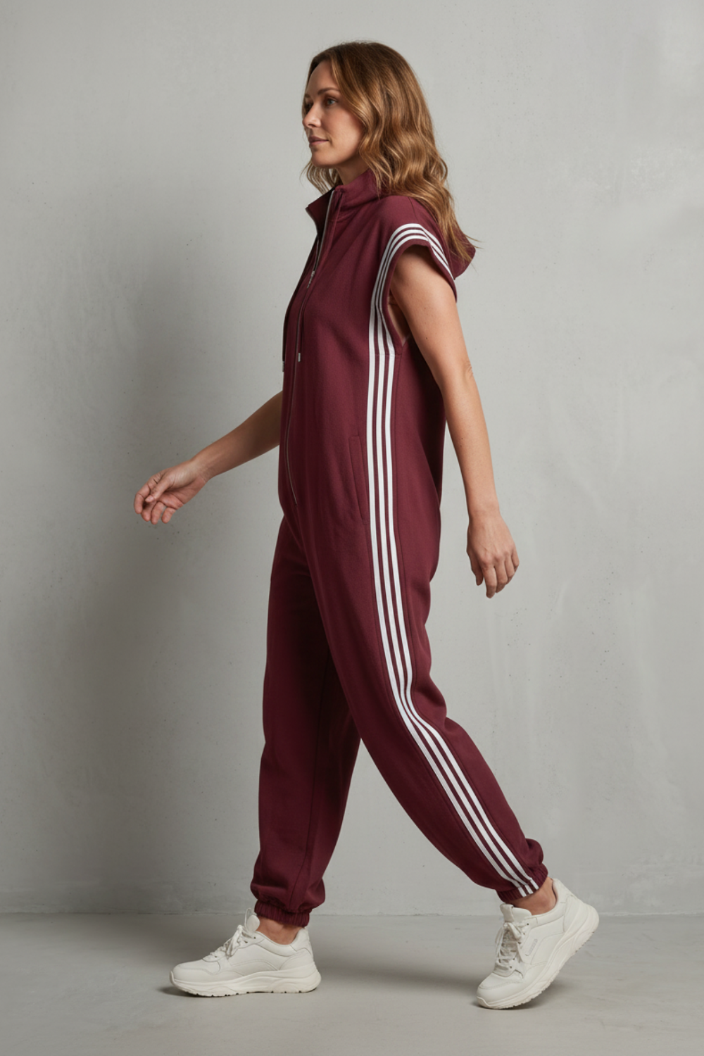 Women's Sleeveless Zip Front Jumpsuit with Side Stripes - Melvienne