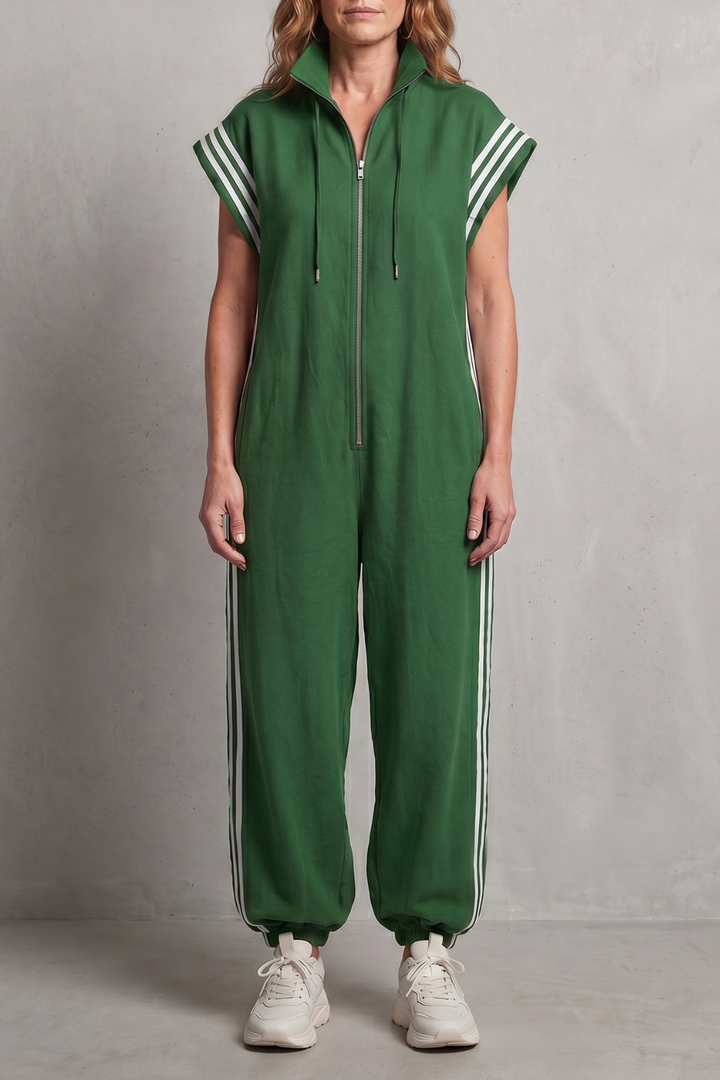 Women's Sleeveless Zip Front Jumpsuit with Side Stripes - Melvienne