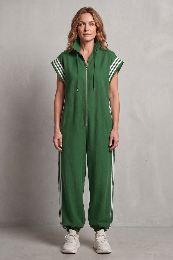 Women's Sleeveless Zip Front Jumpsuit with Side Stripes - Melvienne