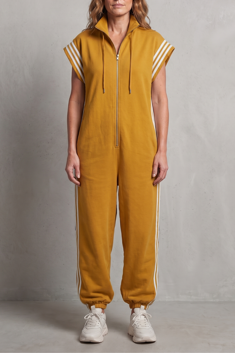 Women's Sleeveless Zip Front Jumpsuit with Side Stripes - Melvienne