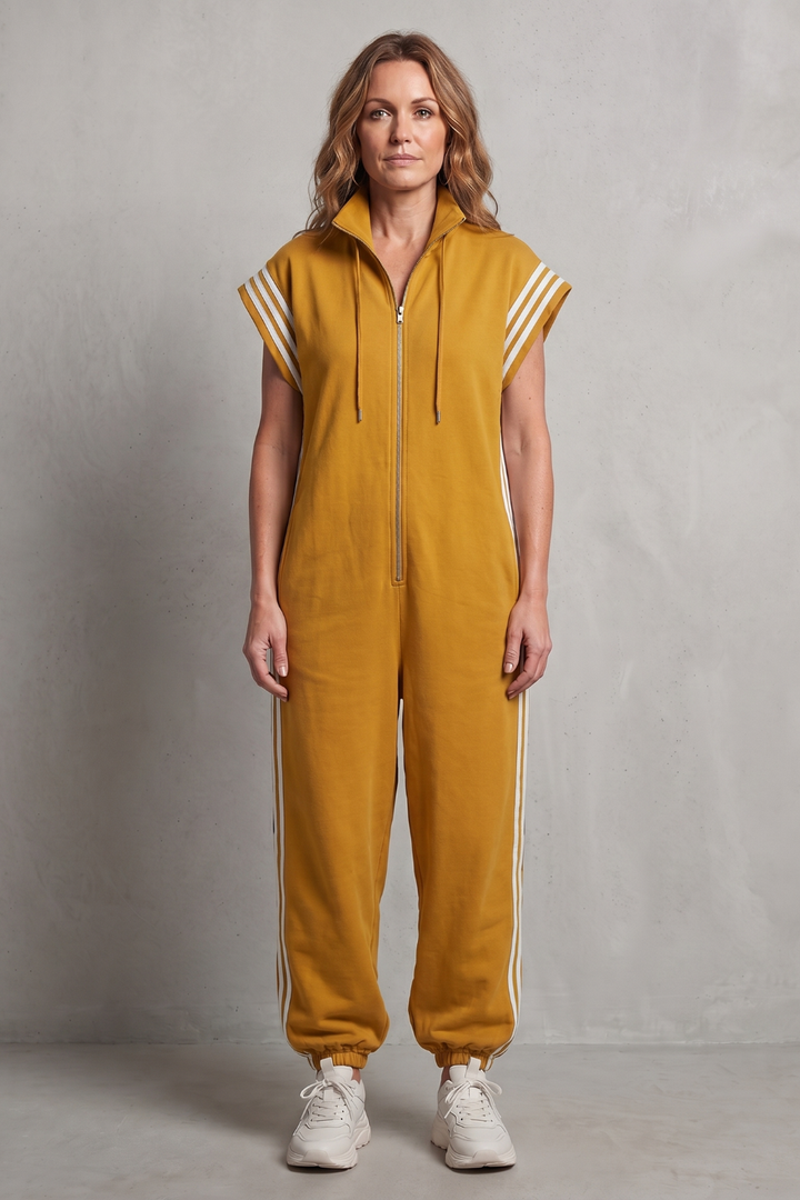 Women's Sleeveless Zip Front Jumpsuit with Side Stripes - Melvienne