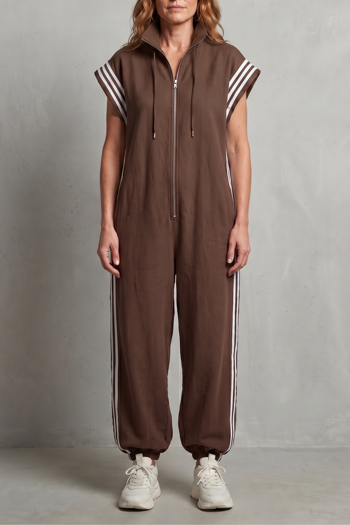 Women's Sleeveless Zip Front Jumpsuit with Side Stripes - Melvienne