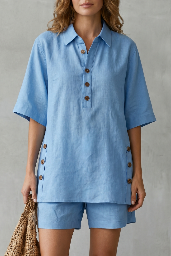 Women's Linen Blend Shirt and Shorts Co-ord Set - Harmonielle