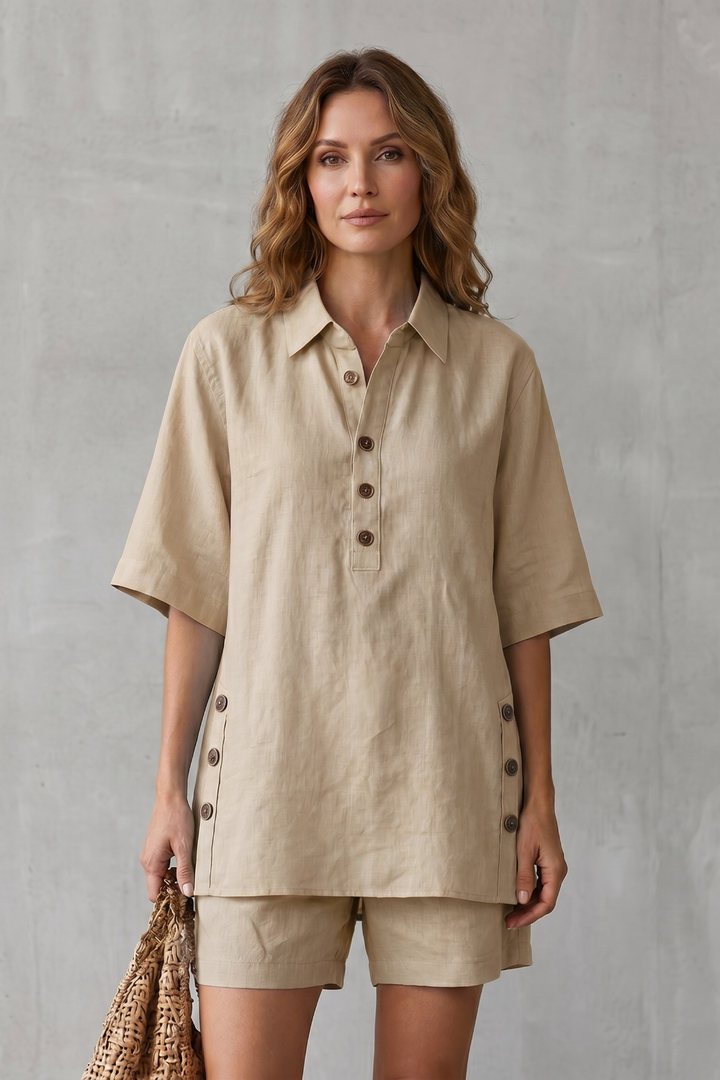 Women's Linen Blend Shirt and Shorts Co-ord Set - Harmonielle