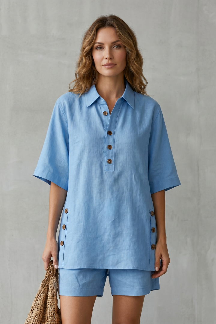 Women's Linen Blend Shirt and Shorts Co-ord Set - Harmonielle
