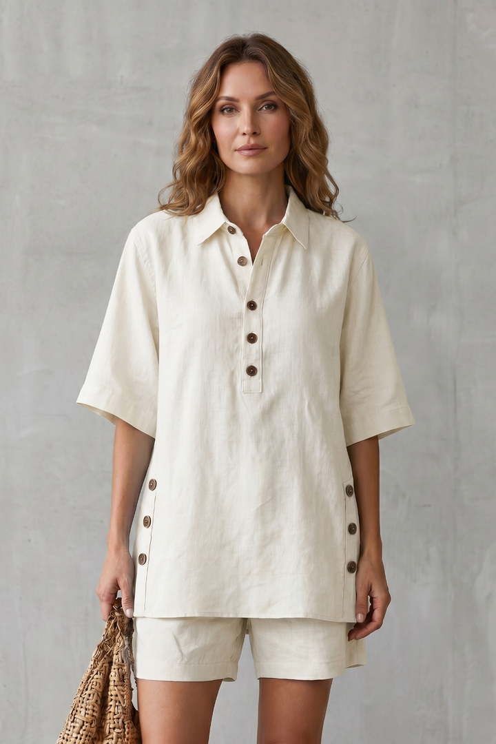 Women's Linen Blend Shirt and Shorts Co-ord Set - Harmonielle