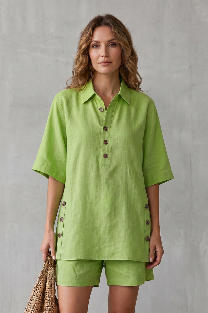 Women's Linen Blend Shirt and Shorts Co-ord Set - Harmonielle