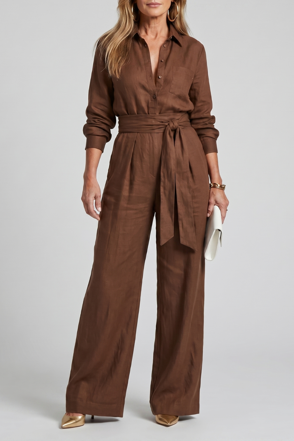 Women's Long Sleeve Wide Leg Jumpsuit with Tie Waist - Lysanne