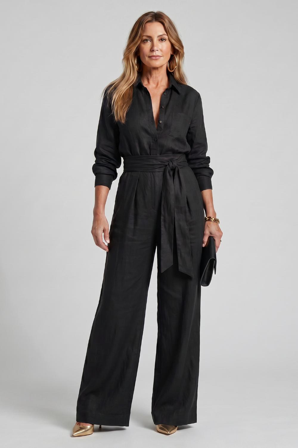 Women's Long Sleeve Wide Leg Jumpsuit with Tie Waist - Lysanne