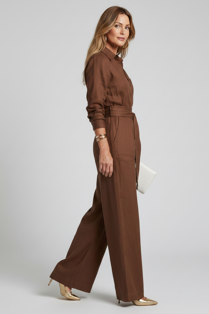 Women's Long Sleeve Wide Leg Jumpsuit with Tie Waist - Lysanne