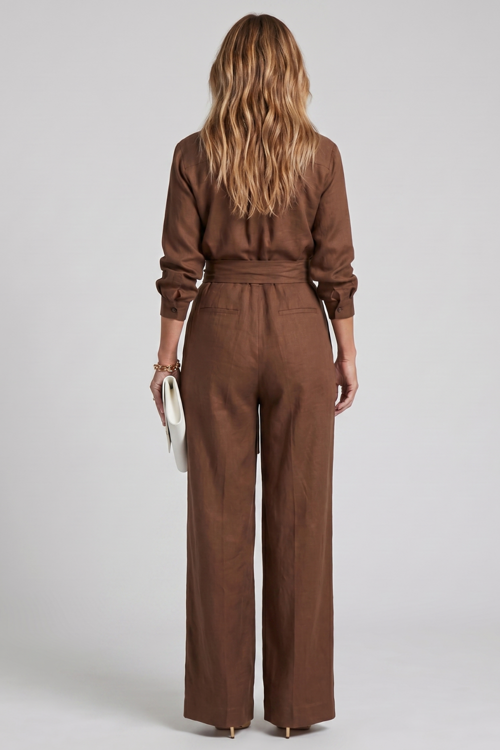 Women's Long Sleeve Wide Leg Jumpsuit with Tie Waist - Lysanne