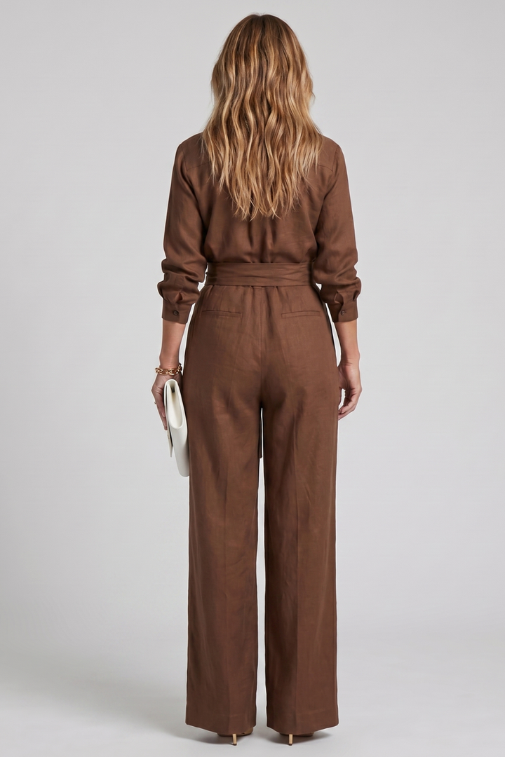 Women's Long Sleeve Wide Leg Jumpsuit with Tie Waist - Lysanne