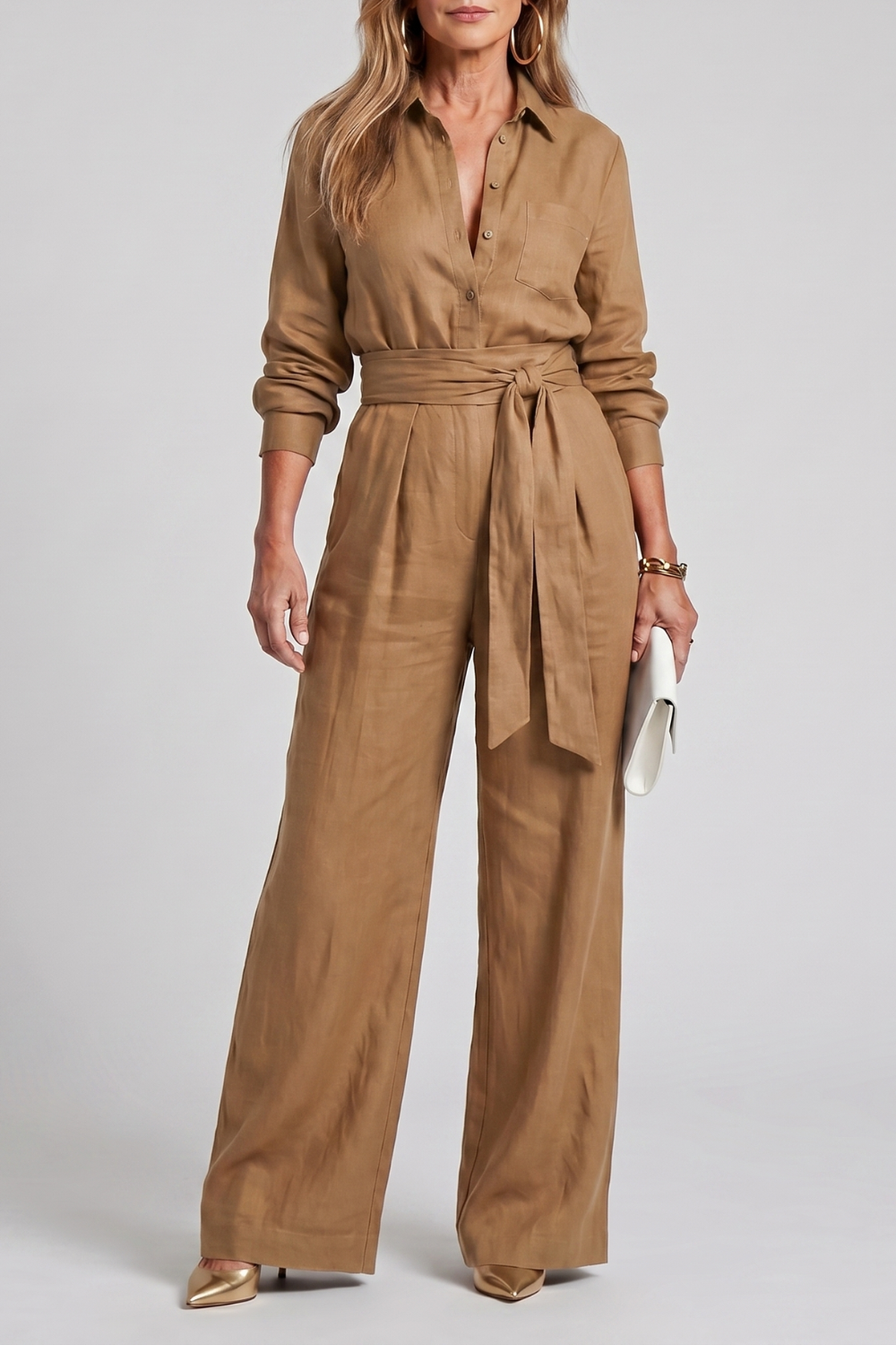 Women's Long Sleeve Wide Leg Jumpsuit with Tie Waist - Lysanne