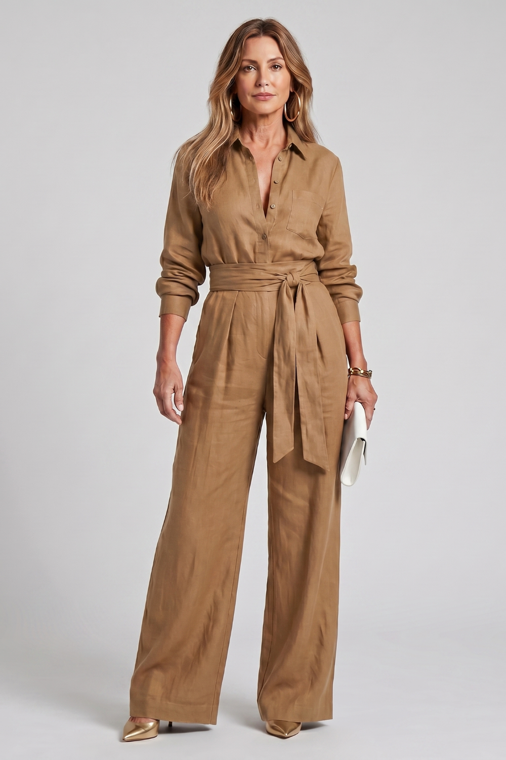 Women's Long Sleeve Wide Leg Jumpsuit with Tie Waist - Lysanne