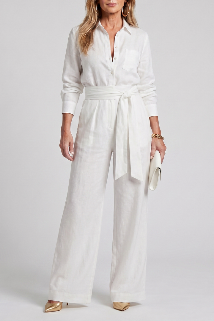 Women's Long Sleeve Wide Leg Jumpsuit with Tie Waist - Lysanne
