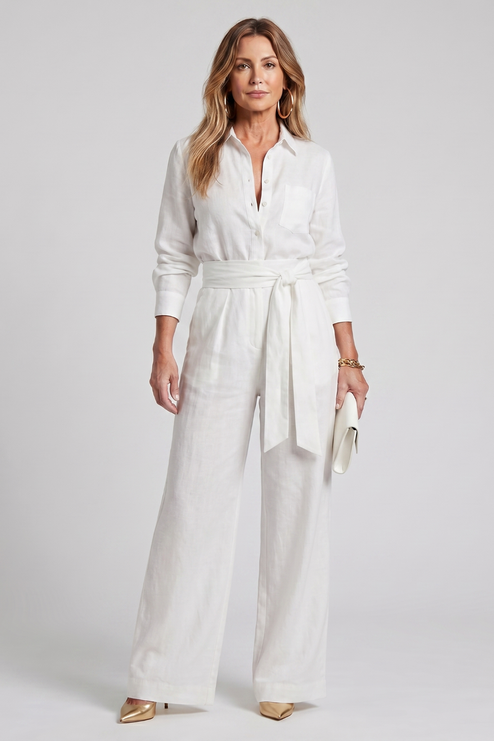 Women's Long Sleeve Wide Leg Jumpsuit with Tie Waist - Lysanne
