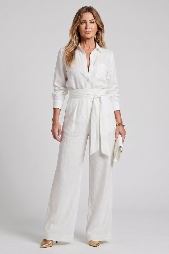 Women's Long Sleeve Wide Leg Jumpsuit with Tie Waist - Lysanne