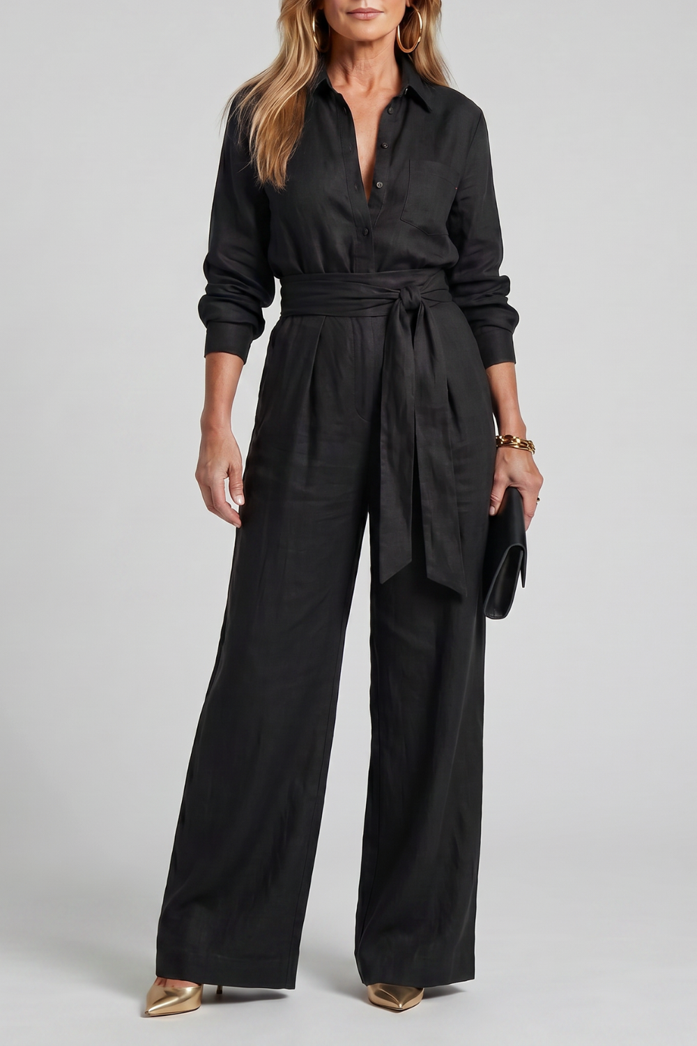 Women's Long Sleeve Wide Leg Jumpsuit with Tie Waist - Lysanne