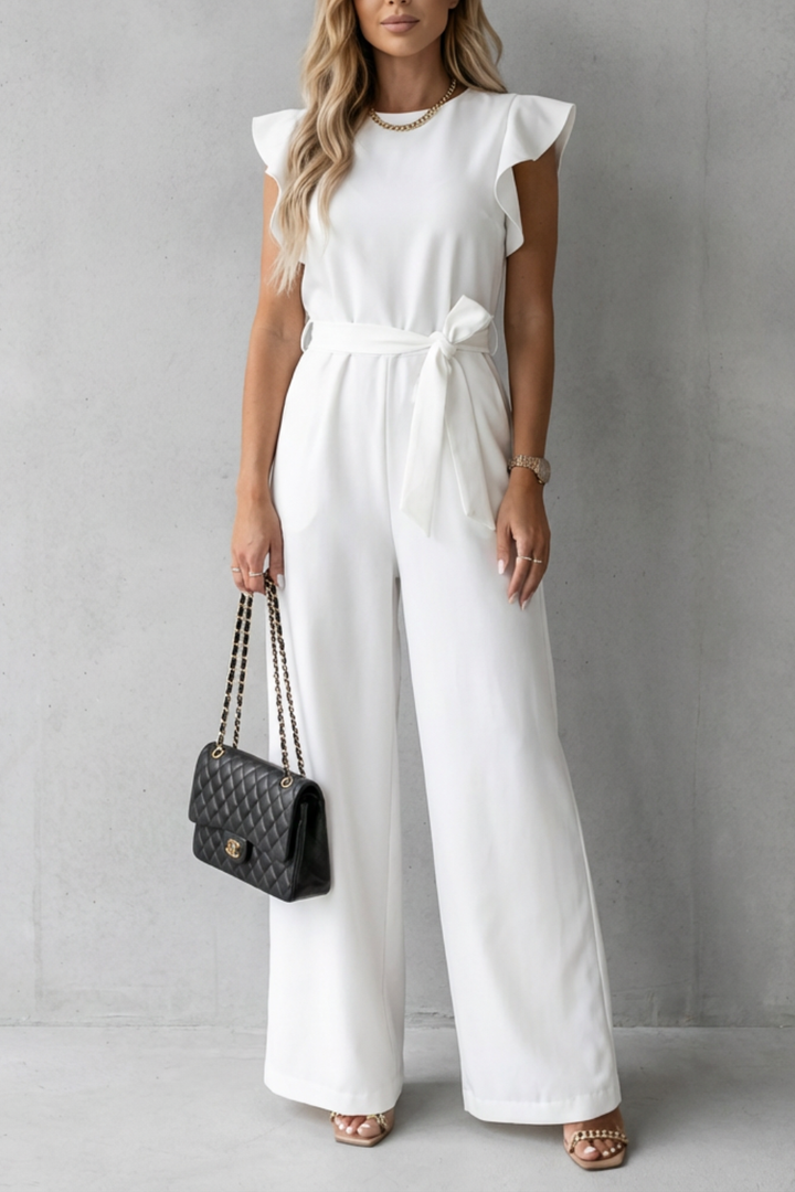 Women's Wide Leg Jumpsuit with Ruffle Sleeves and Belt - Ilyanne