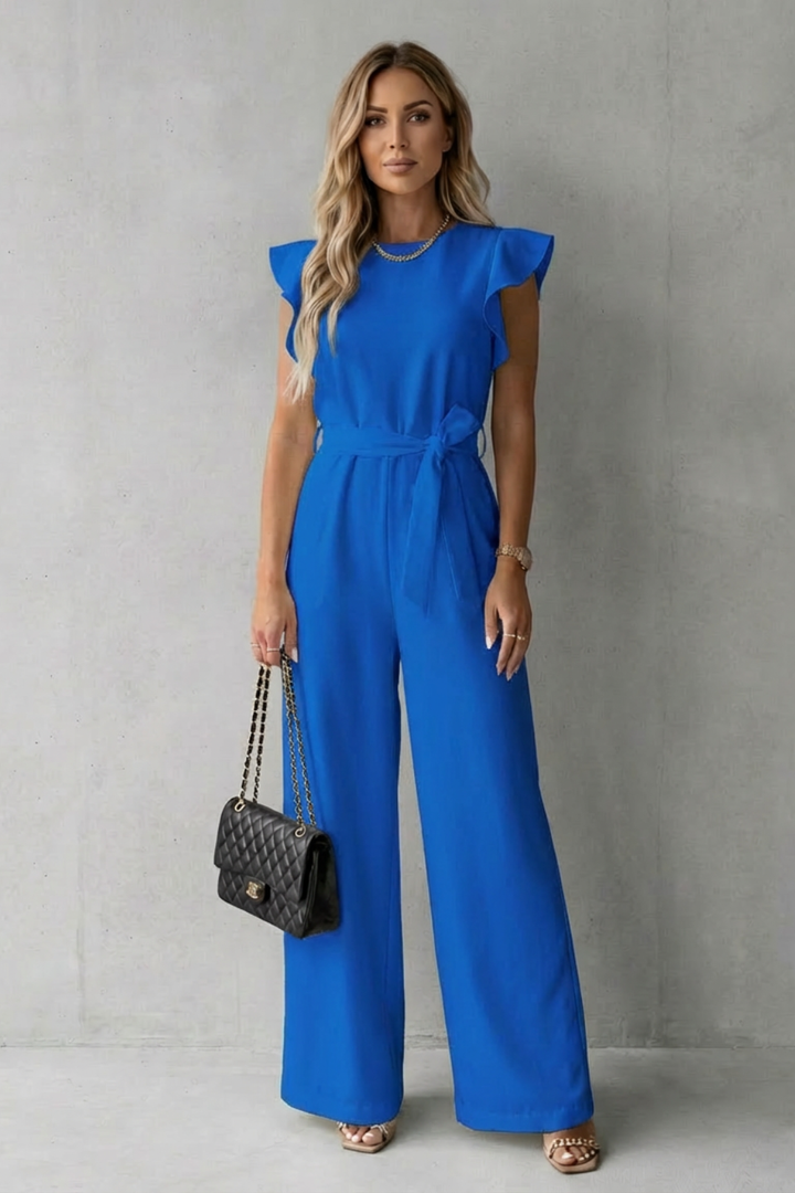 Women's Wide Leg Jumpsuit with Ruffle Sleeves and Belt - Ilyanne