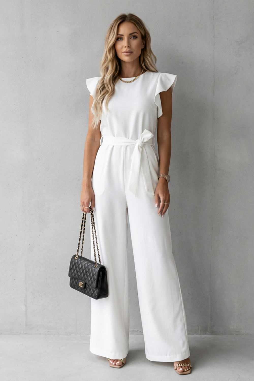 Women's Wide Leg Jumpsuit with Ruffle Sleeves and Belt - Ilyanne