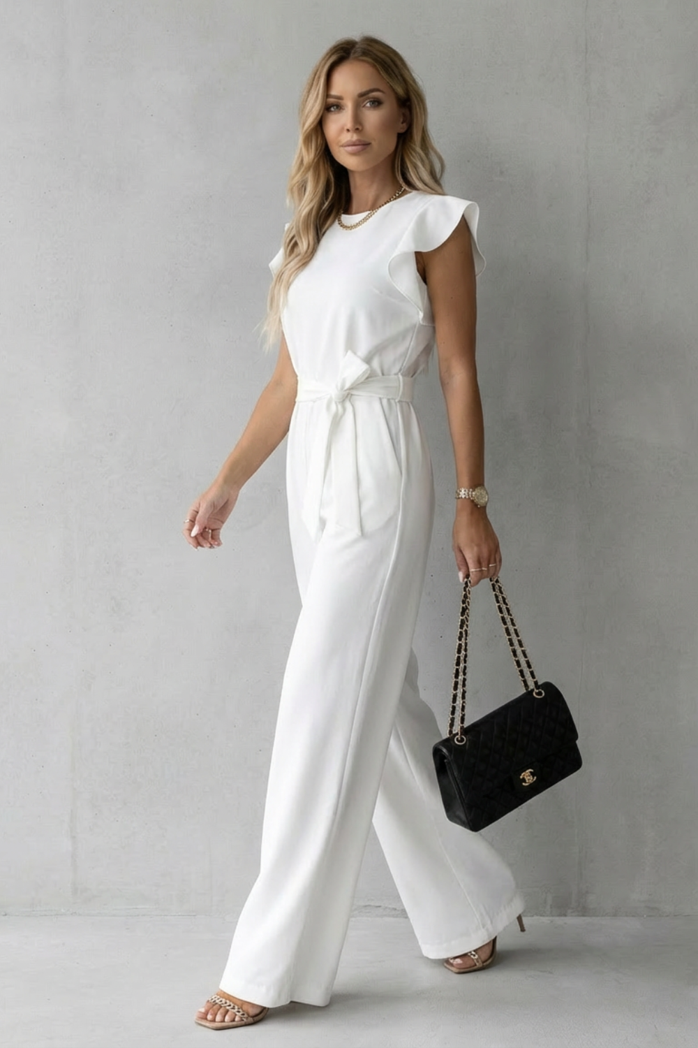 Women's Wide Leg Jumpsuit with Ruffle Sleeves and Belt - Ilyanne