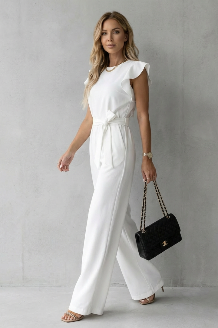 Women's Wide Leg Jumpsuit with Ruffle Sleeves and Belt - Ilyanne