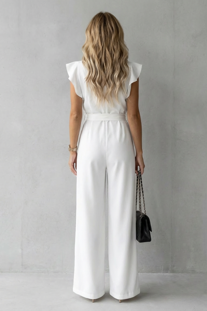 Women's Wide Leg Jumpsuit with Ruffle Sleeves and Belt - Ilyanne