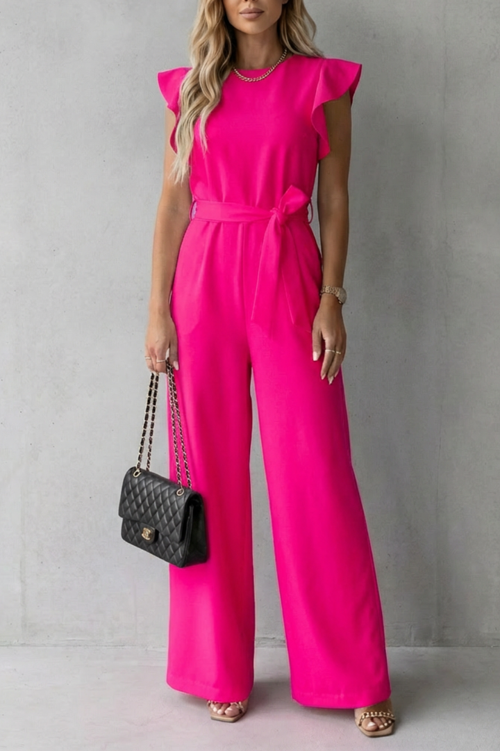 Women's Wide Leg Jumpsuit with Ruffle Sleeves and Belt - Ilyanne